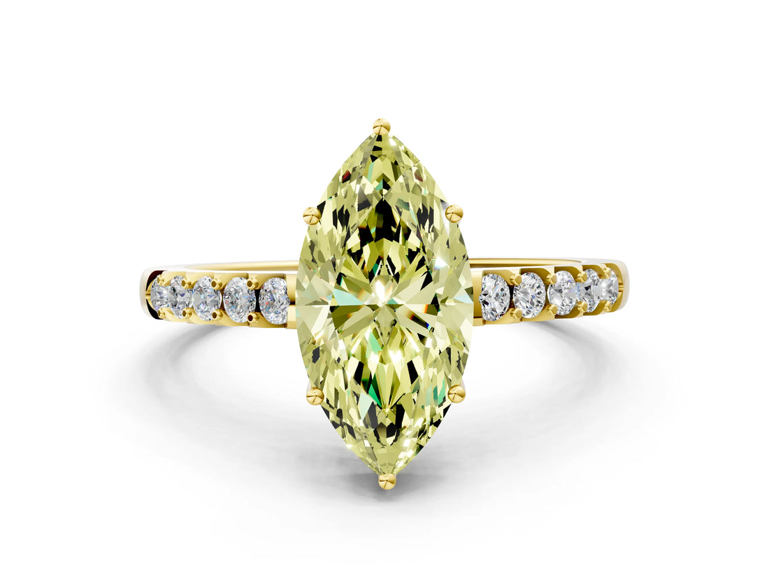 Yellow gold Fancy Yellow Marquise Cut Solitaire Diamond Engagement Ring with Pavé Band and Six-Prong Setting_12