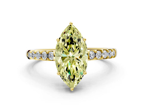 Yellow gold Fancy Yellow Marquise Cut Solitaire Diamond Engagement Ring with Pavé Band and Six-Prong Setting_12