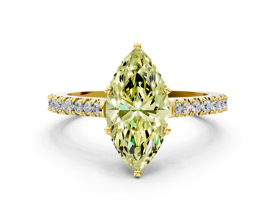 Yellow gold Fancy Yellow Marquise  Cut Solitaire Diamond Engagement Ring with Pave Band and Four-Prong Setting