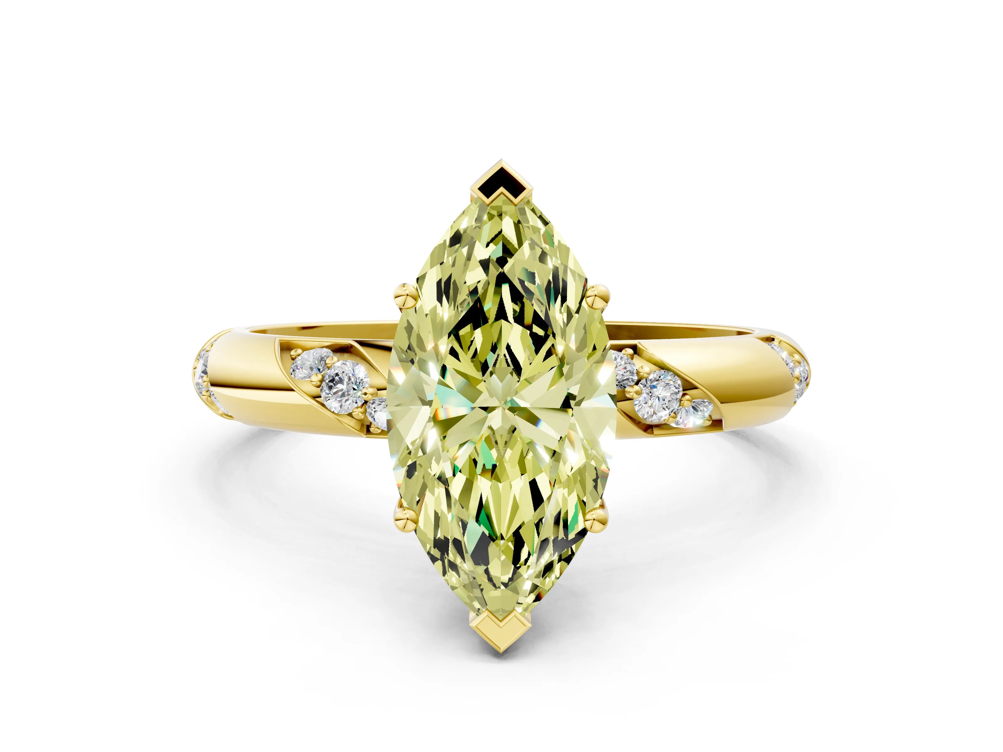 Yellow gold Fancy Yellow Marquise Cut Solitaire Diamond Engagement Ring with Twisted Pave Band and Four-Prong Setting_3