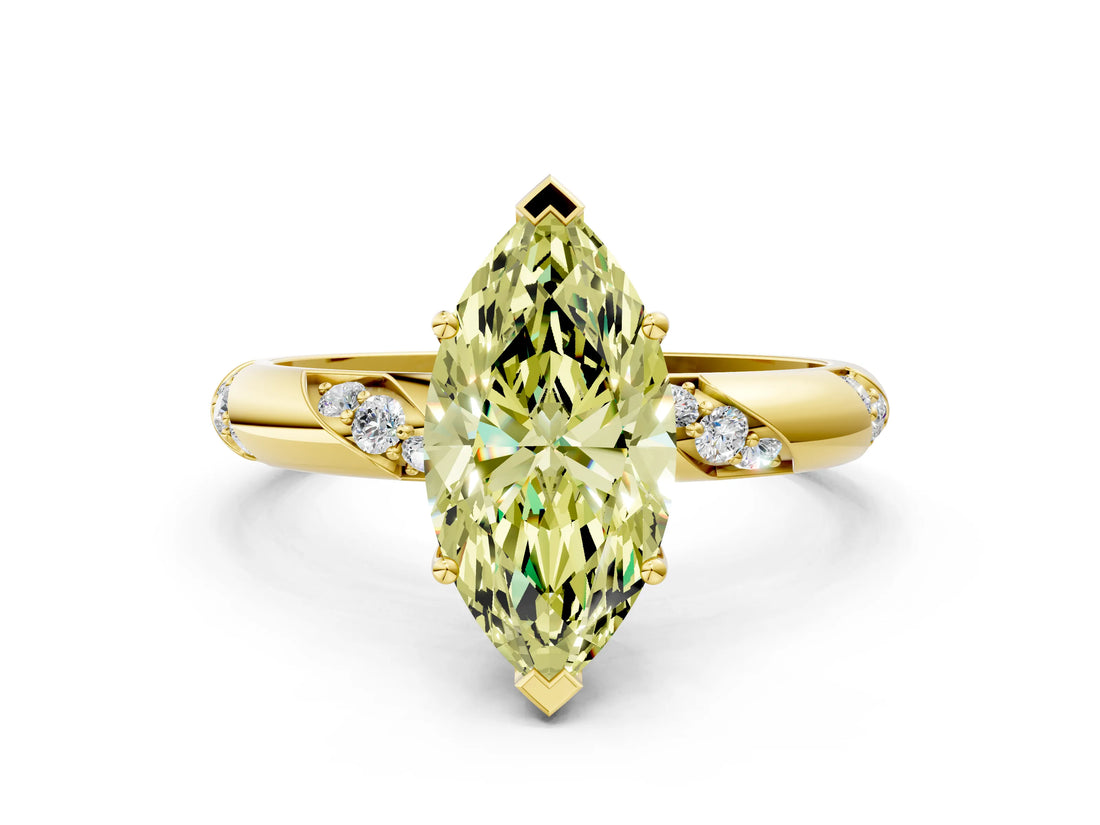 Yellow gold Fancy Yellow Marquise Cut Solitaire Diamond Engagement Ring with Twisted Pave Band and Four-Prong Setting_3