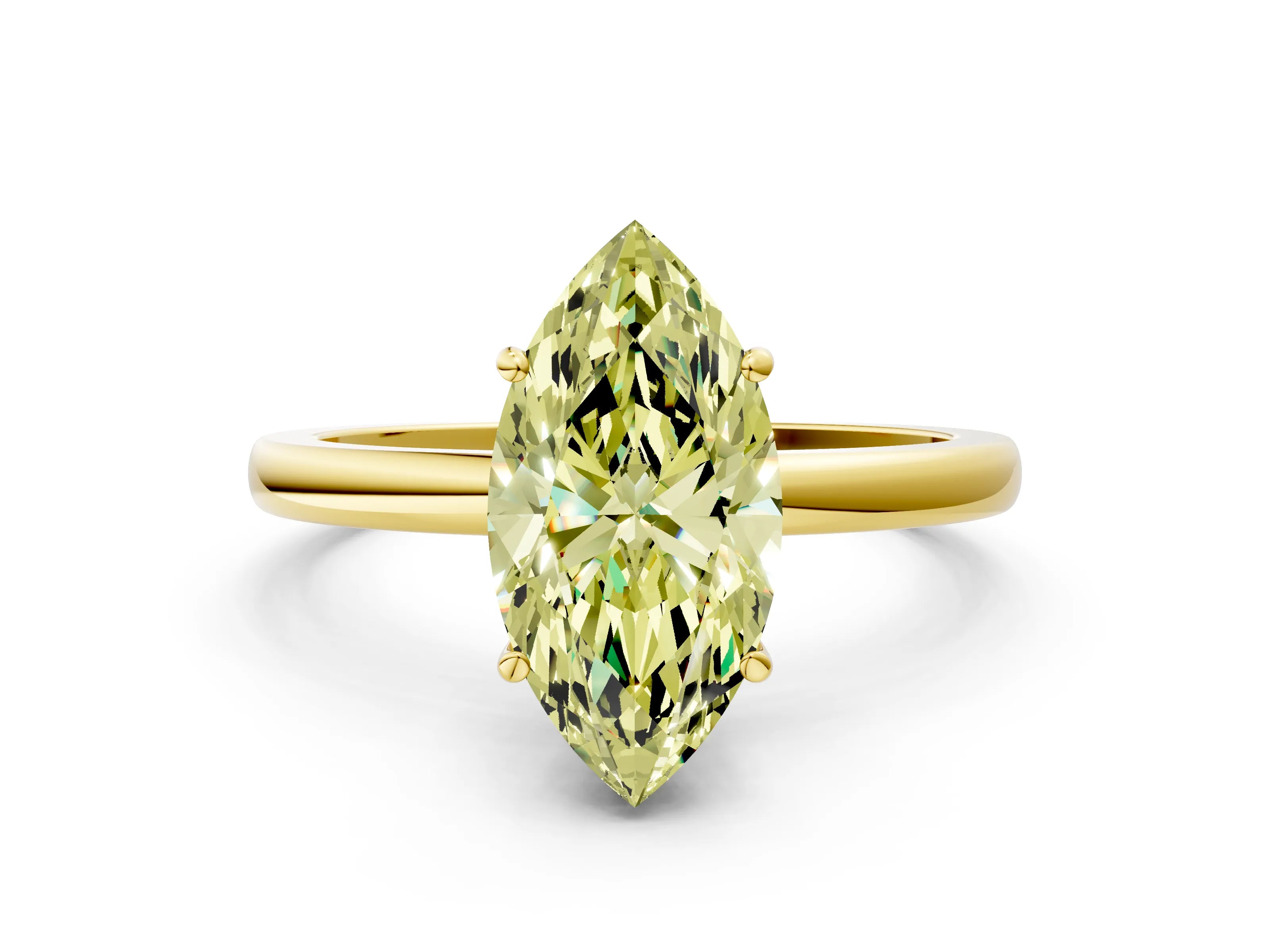 Yellow gold Fancy Yellow Marquise Cut Solitaire Diamond Ring with Prong Setting and Plain Band