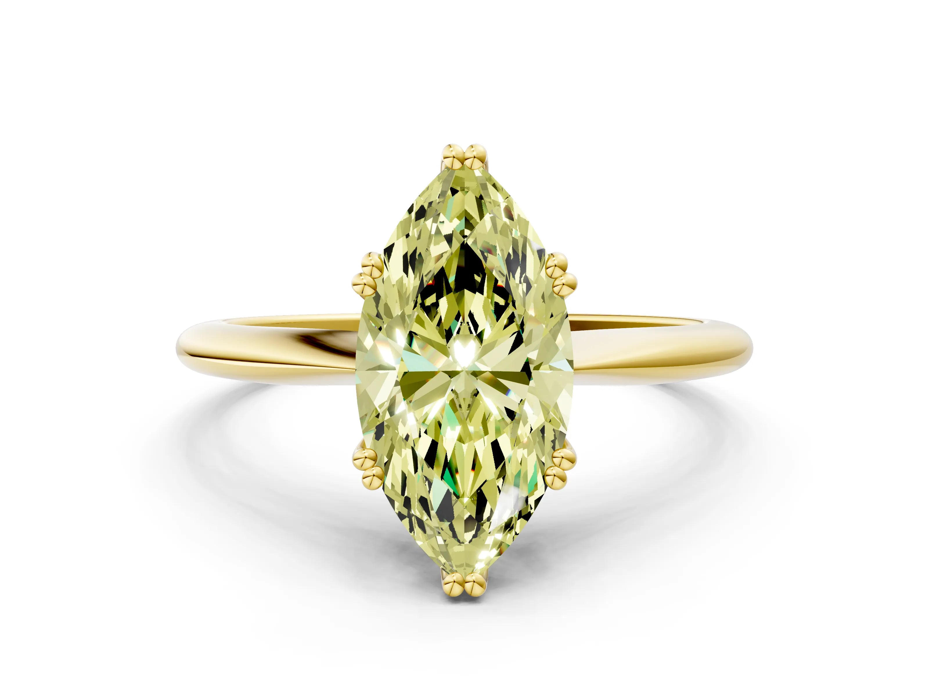 Yellow gold Fancy Yellow Marquise Cut Solitaire Diamond Ring with Six-Prong Setting and Classic Band