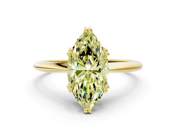 Yellow gold Fancy Yellow Marquise Cut Solitaire Diamond Ring with Six-Prong Setting and Classic Band
