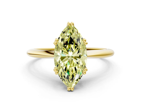 Yellow gold Fancy Yellow Marquise Cut Solitaire Diamond Ring with Six-Prong Setting and Classic Band