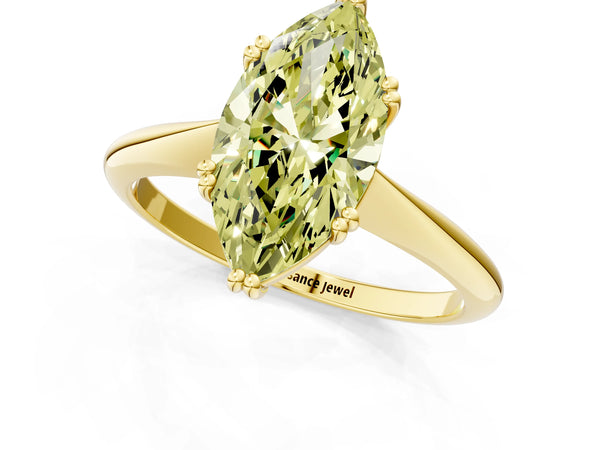 Yellow gold Fancy Yellow Marquise Cut Solitaire Diamond Ring with Six-Prong Setting and Classic Band
