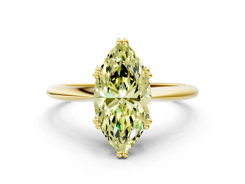Yellow gold Fancy Yellow Marquise Cut Solitaire Diamond Ring with Six-Prong Setting and Classic Band
