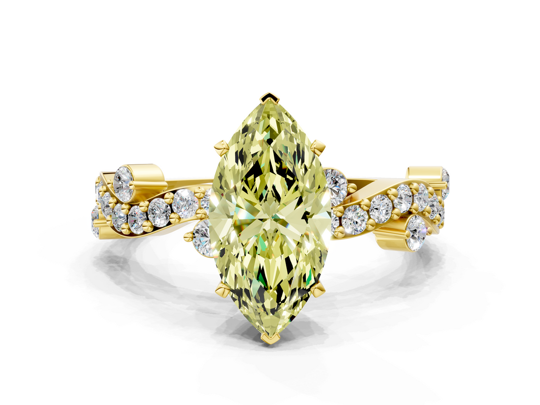 Yellow gold Fancy Yellow Marquise  Cut Solitaire Diamond Twisted Band with Pave Setting