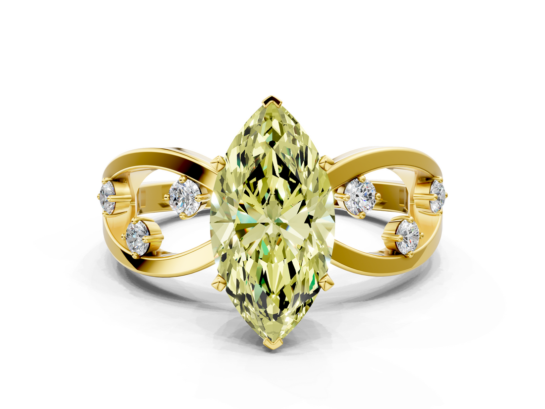 Yellow gold Fancy Yellow Marquise  Cut Solitaire Diamond with Side Stones on Criss-Cross Band and Four-Prong Setting
