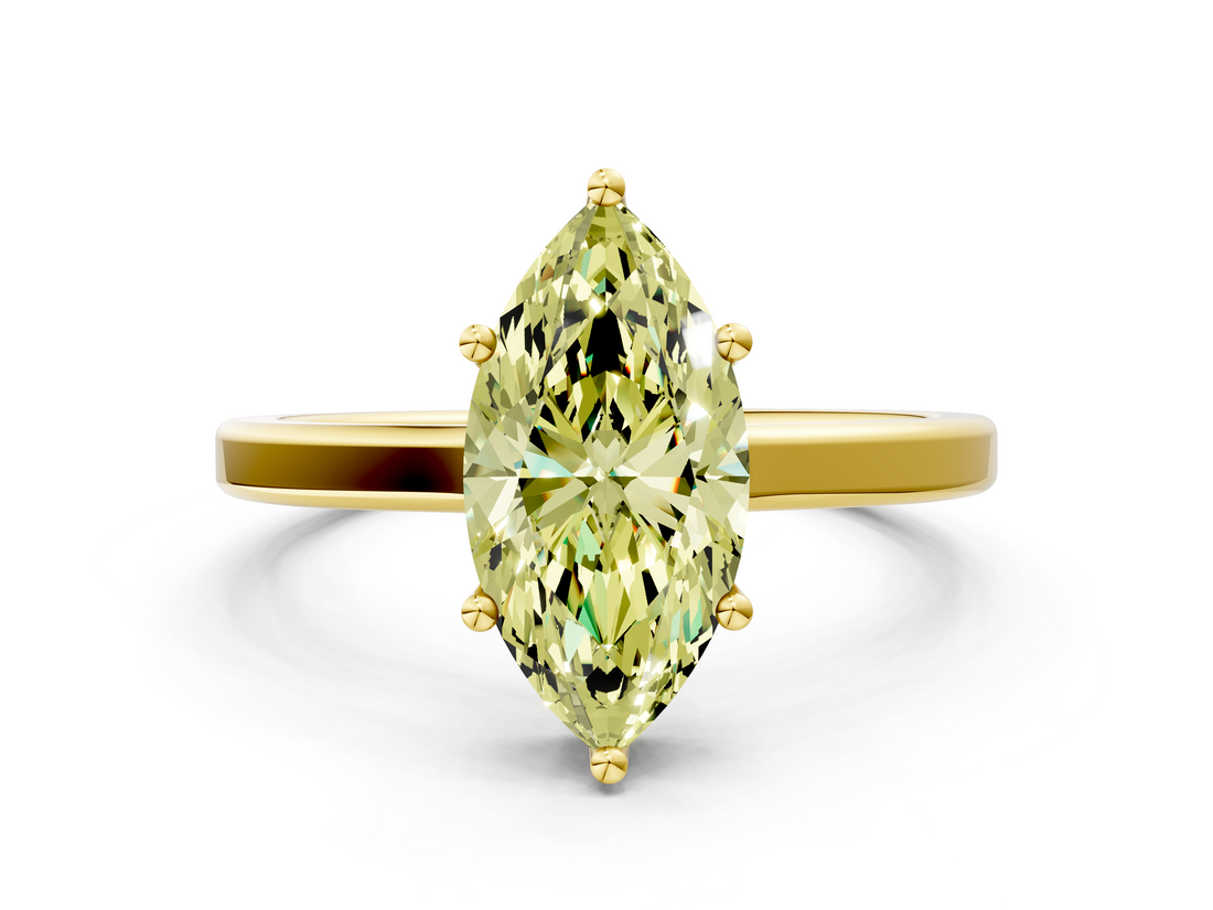 Yellow gold Fancy Yellow Marquise  Cut Solitaire Engagement Ring with Four-Prong Setting on a Classic Band