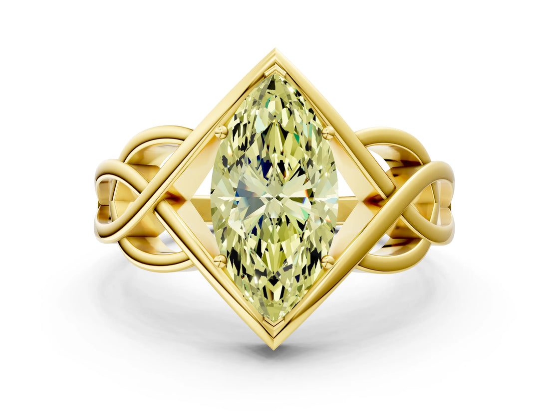 Yellow gold Fancy Yellow Marquise Cut Solitaire Intertwined Band Prong Setting Ring