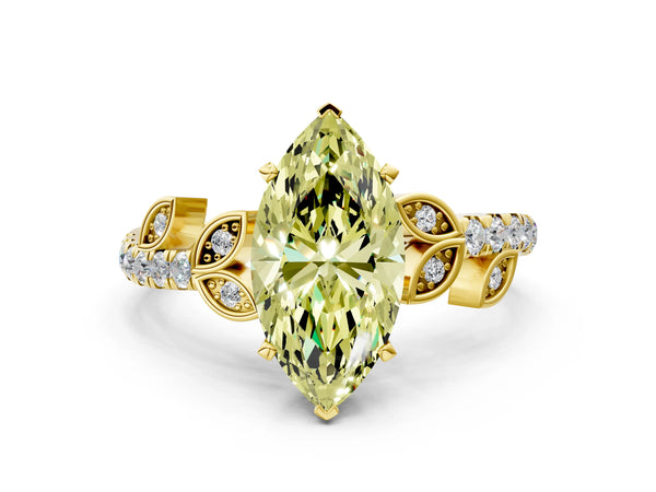 Yellow gold Fancy Yellow Marquise Cut Solitaire Leaf-Inspired Diamond Ring with Pavé Band and Four-Prong Setting