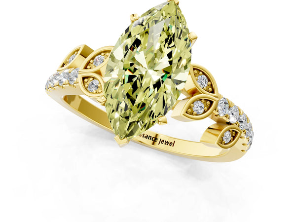 Yellow gold Fancy Yellow Marquise Cut Solitaire Leaf-Inspired Diamond Ring with Pavé Band and Four-Prong Setting