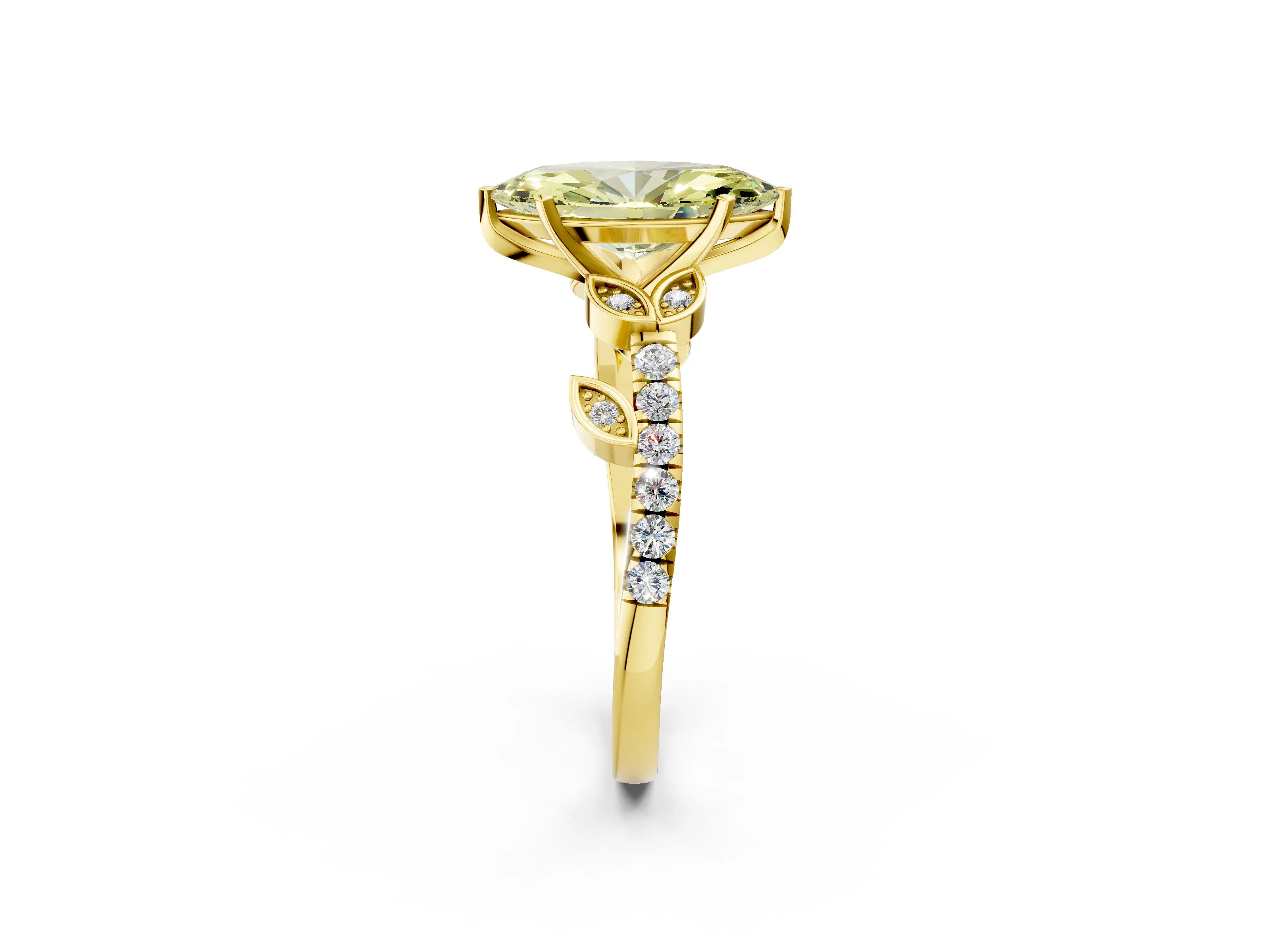 Yellow gold Fancy Yellow Marquise Cut Solitaire Leaf-Inspired Diamond Ring with Pavé Band and Four-Prong Setting_2