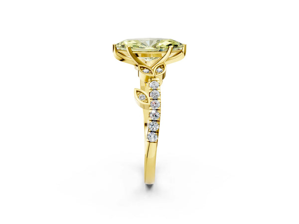 Yellow gold Fancy Yellow Marquise Cut Solitaire Leaf-Inspired Diamond Ring with Pavé Band and Four-Prong Setting