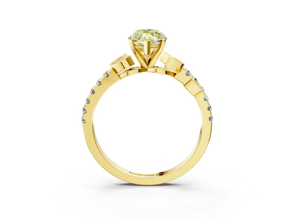 Yellow gold Fancy Yellow Marquise Cut Solitaire Leaf-Inspired Diamond Ring with Pavé Band and Four-Prong Setting