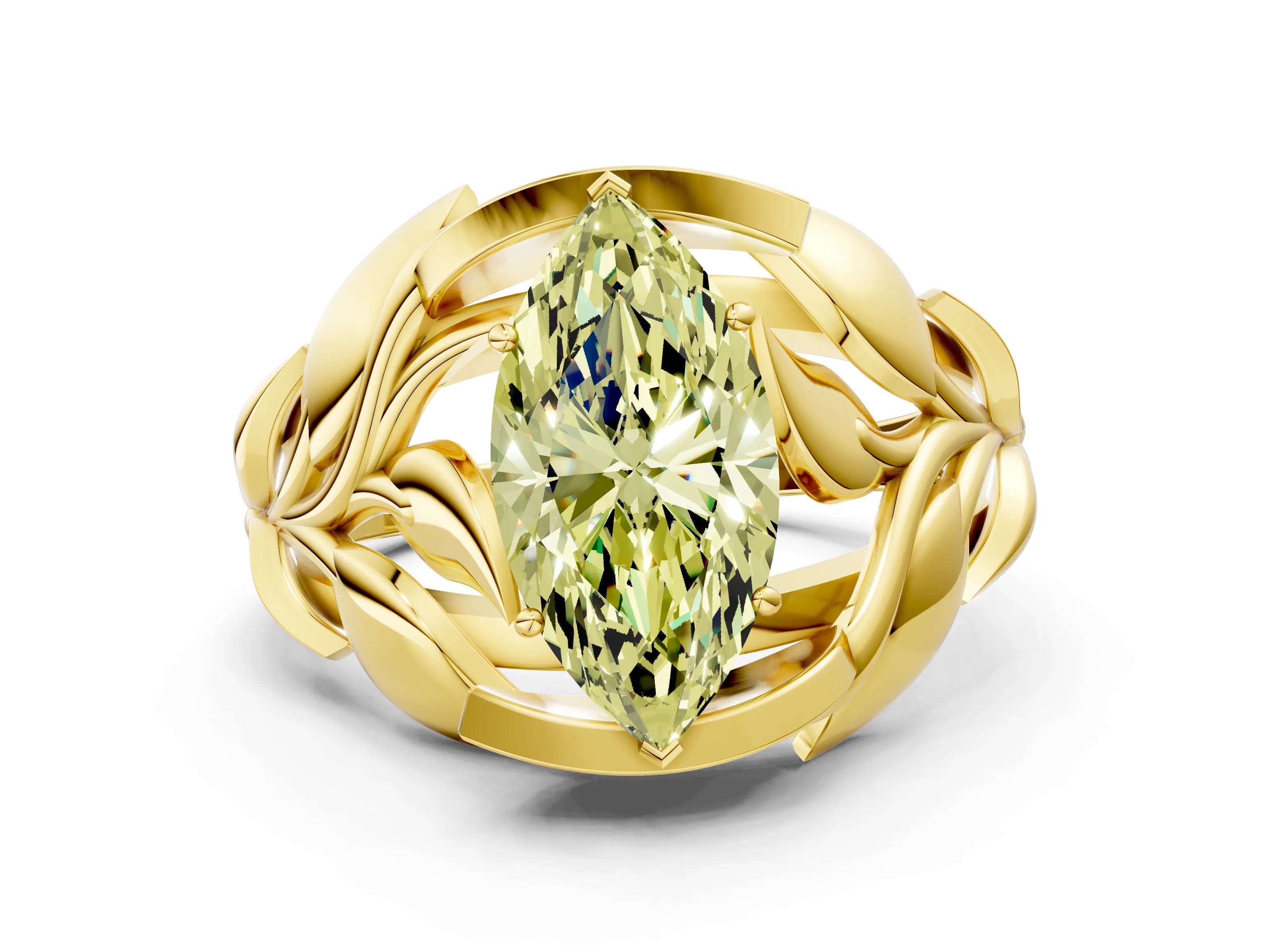 Yellow gold Fancy Yellow Marquise Cut Solitaire Leaf-Inspired Engagement Ring with Prong Setting