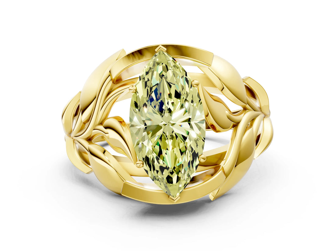 Yellow gold Fancy Yellow Marquise Cut Solitaire Leaf-Inspired Engagement Ring with Prong Setting_12