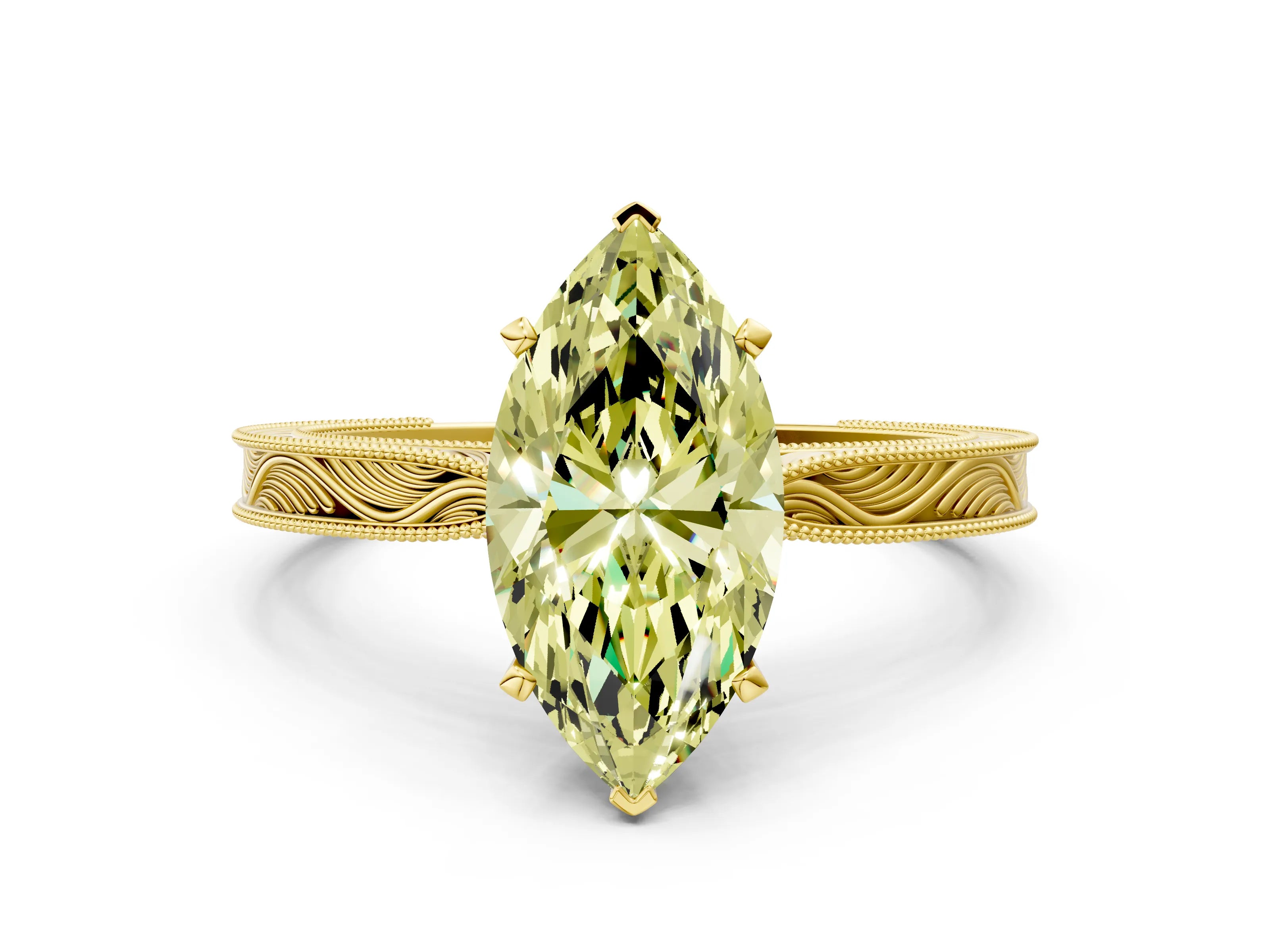 Yellow gold Fancy Yellow Marquise Cut Solitaire Milgrain Engraved Band with Four-Prong Setting