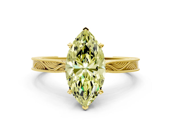 Yellow Gold Marquise Solitaire Engagement Ring Setting for Fancy Yellow Center with Engraved Band