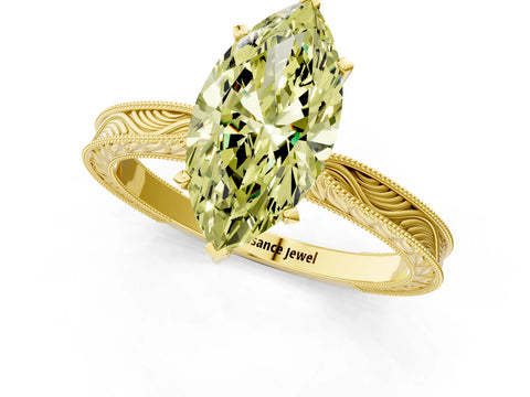 Yellow gold Fancy Yellow Marquise Cut Solitaire Milgrain Engraved Band with Four-Prong Setting_1