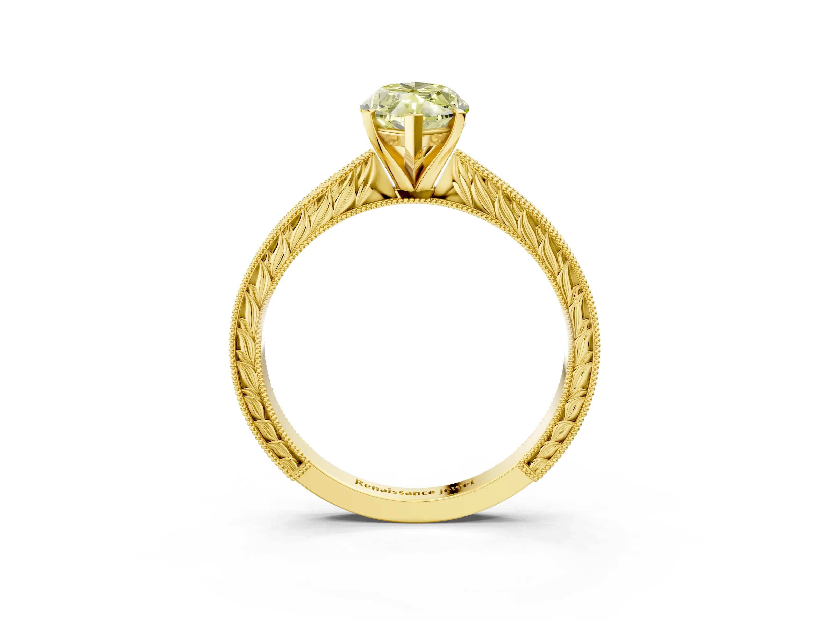 Yellow gold Fancy Yellow Marquise Cut Solitaire Milgrain Engraved Band with Four-Prong Setting_3