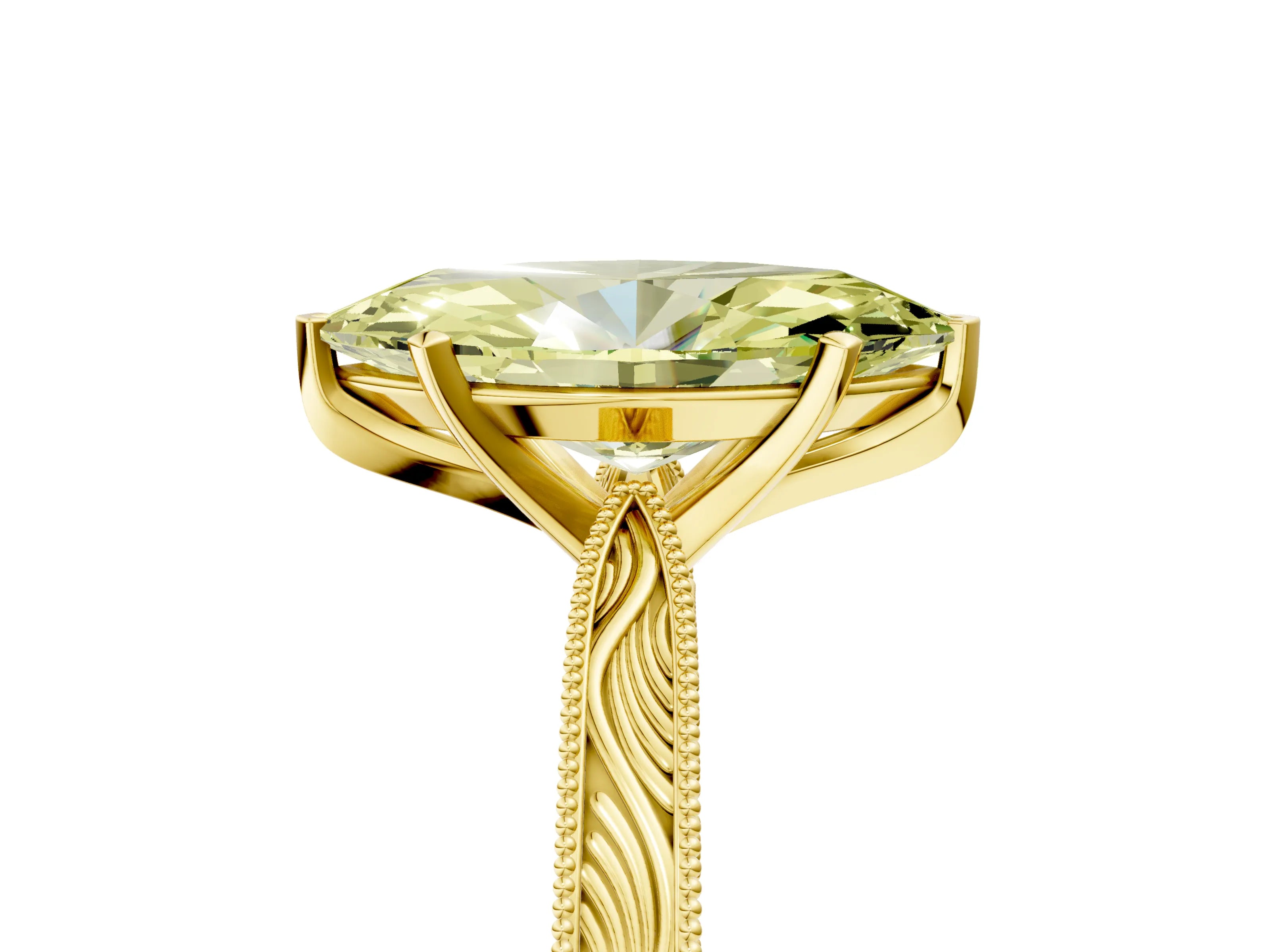 Yellow gold Fancy Yellow Marquise Cut Solitaire Milgrain Engraved Band with Four-Prong Setting_5