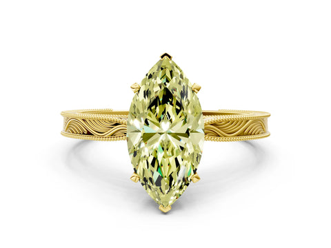 Yellow gold Fancy Yellow Marquise Cut Solitaire Milgrain Engraved Band with Four-Prong Setting