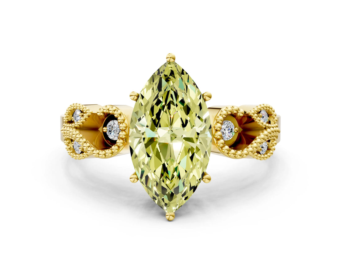 Yellow gold Fancy Yellow Marquise Cut Solitaire Milgrain Leaf Band with Prong Setting