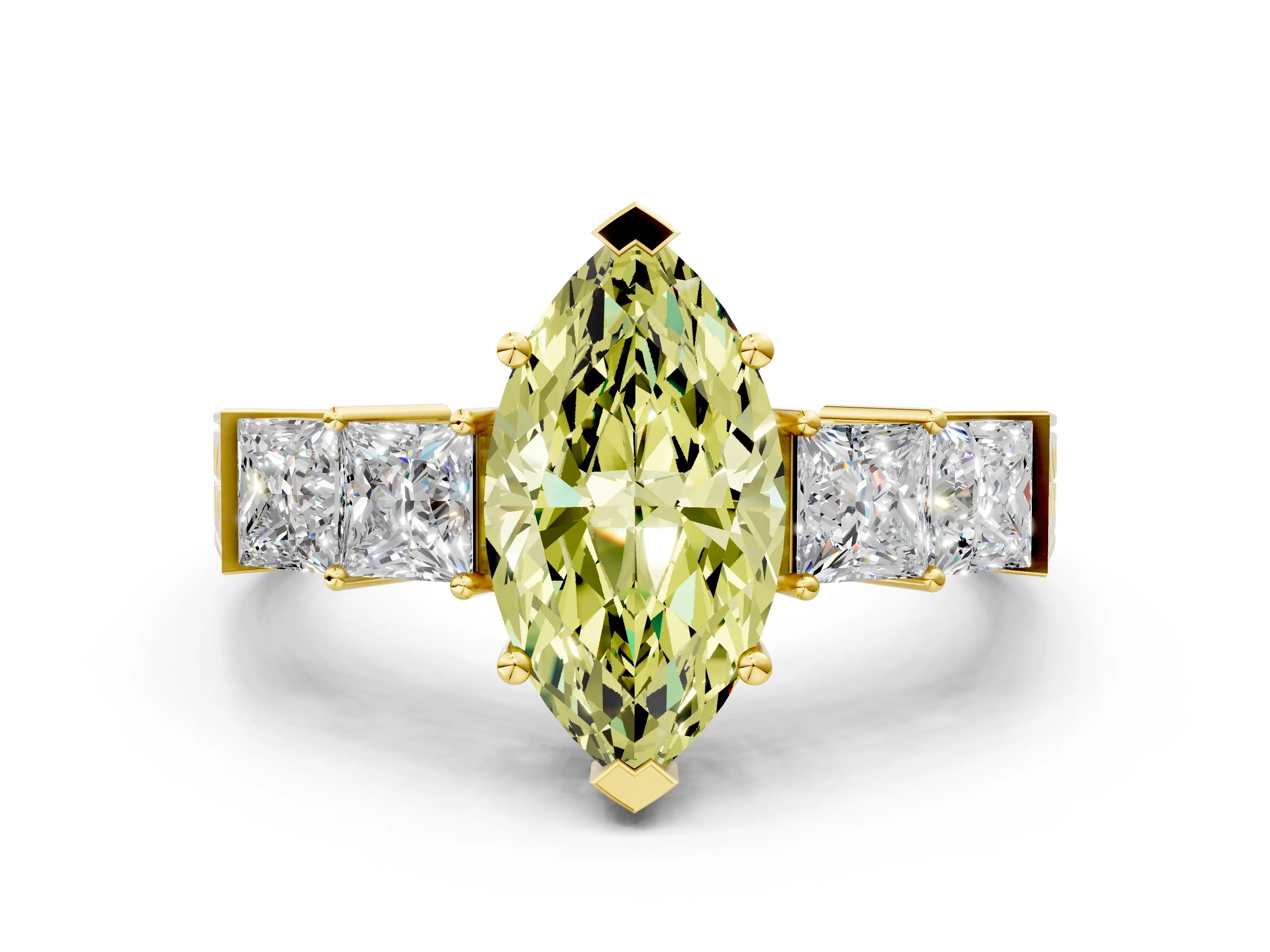 Yellow gold Fancy Yellow Marquise Cut Solitaire Princess Side Stone Engraved Band Prong Setting Ring