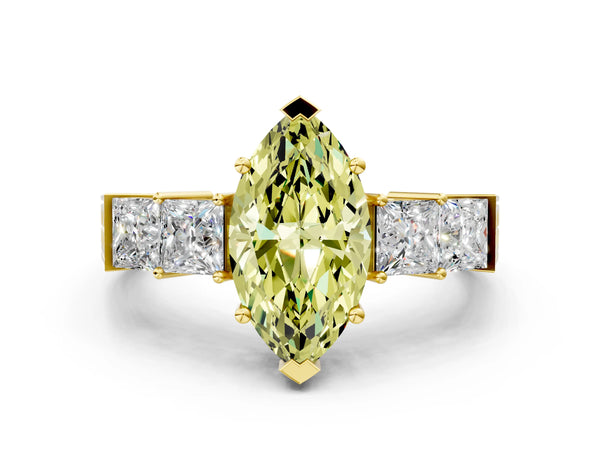 Yellow gold Fancy Yellow Marquise Cut Solitaire Princess Side Stone Engraved Band Prong Setting Ring