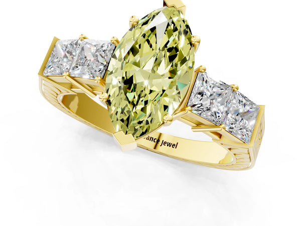 Yellow gold Fancy Yellow Marquise Cut Solitaire Princess Side Stone Engraved Band Prong Setting Ring