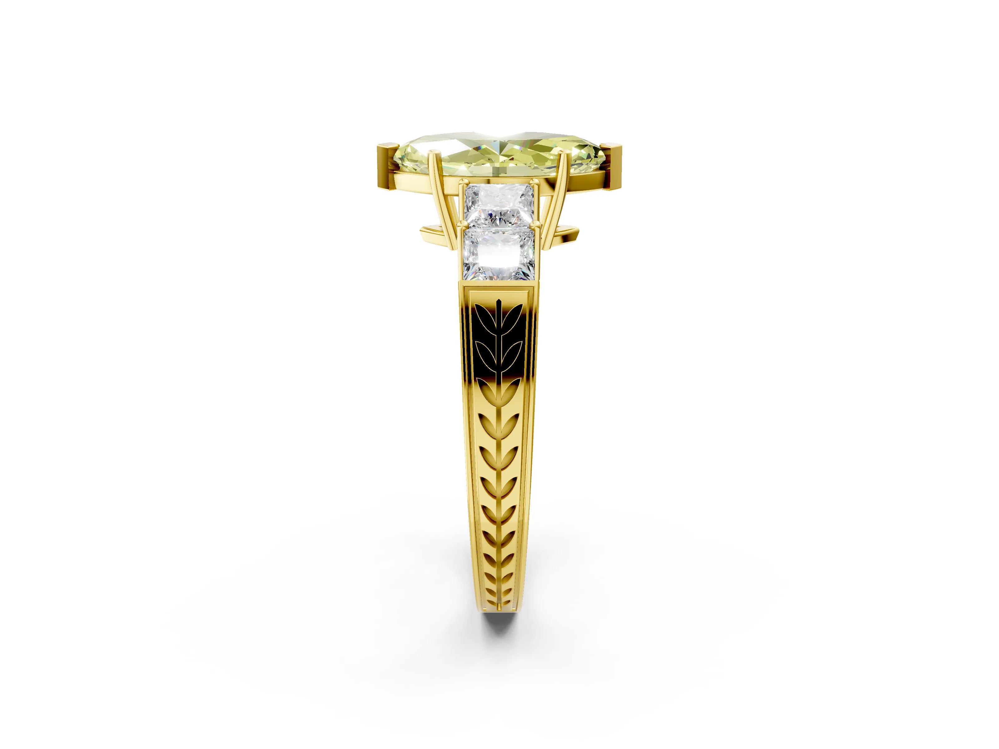 Yellow gold Fancy Yellow Marquise Cut Solitaire Princess Side Stone Engraved Band Prong Setting Ring_2