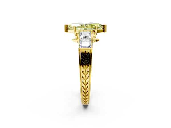 Yellow gold Fancy Yellow Marquise Cut Solitaire Princess Side Stone Engraved Band Prong Setting Ring