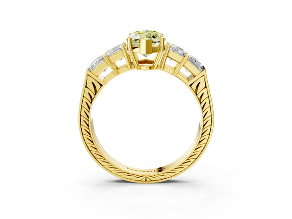 Yellow gold Fancy Yellow Marquise Cut Solitaire Princess Side Stone Engraved Band Prong Setting Ring