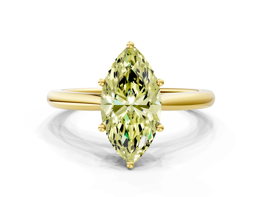 Yellow gold Fancy Yellow Marquise  Cut Solitaire Ring with Cathedral Band and Four-Prong Setting
