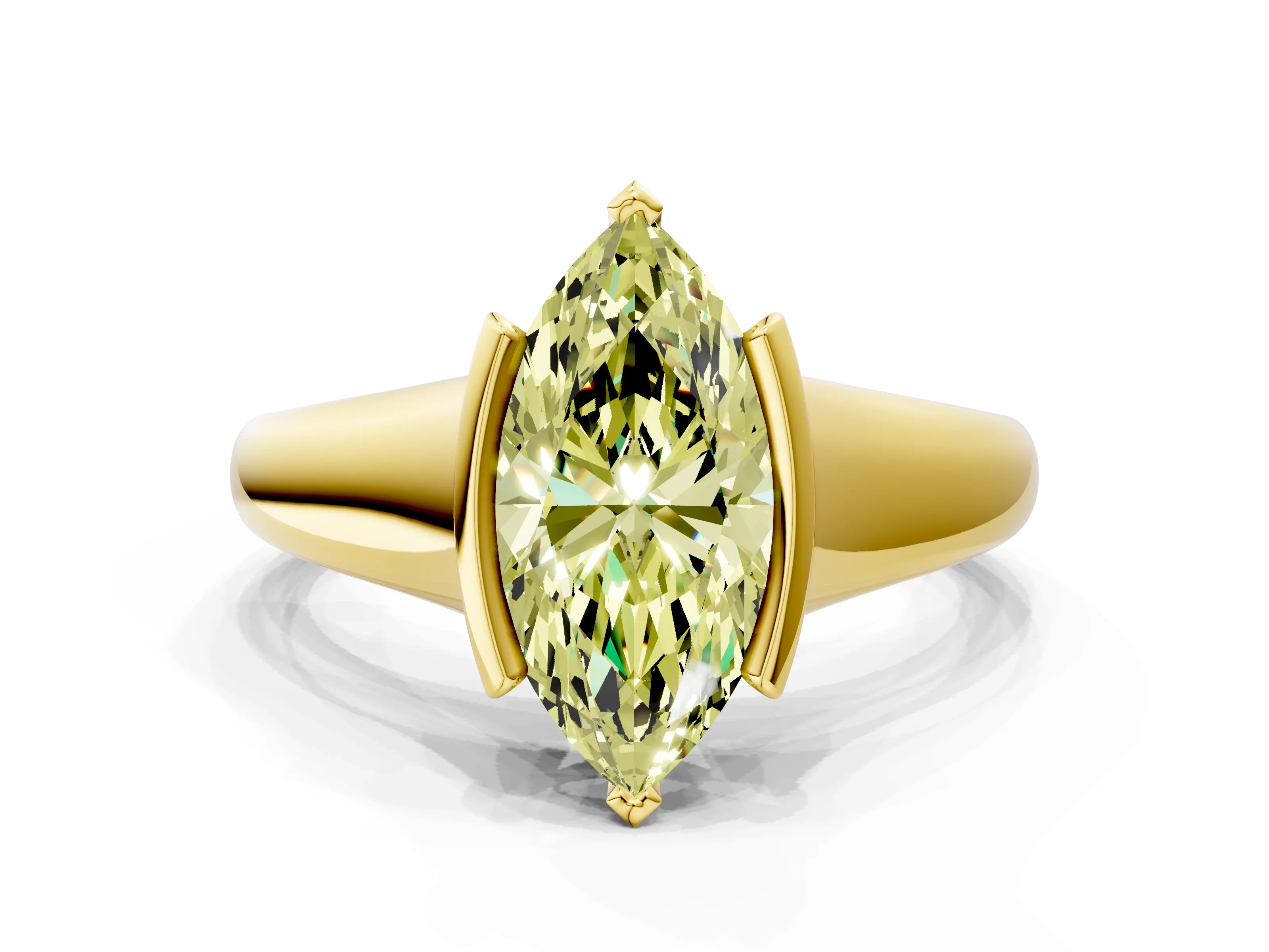 Yellow gold Fancy Yellow Marquise Cut Solitaire Tension Set Diamond Ring with Split Shank Band