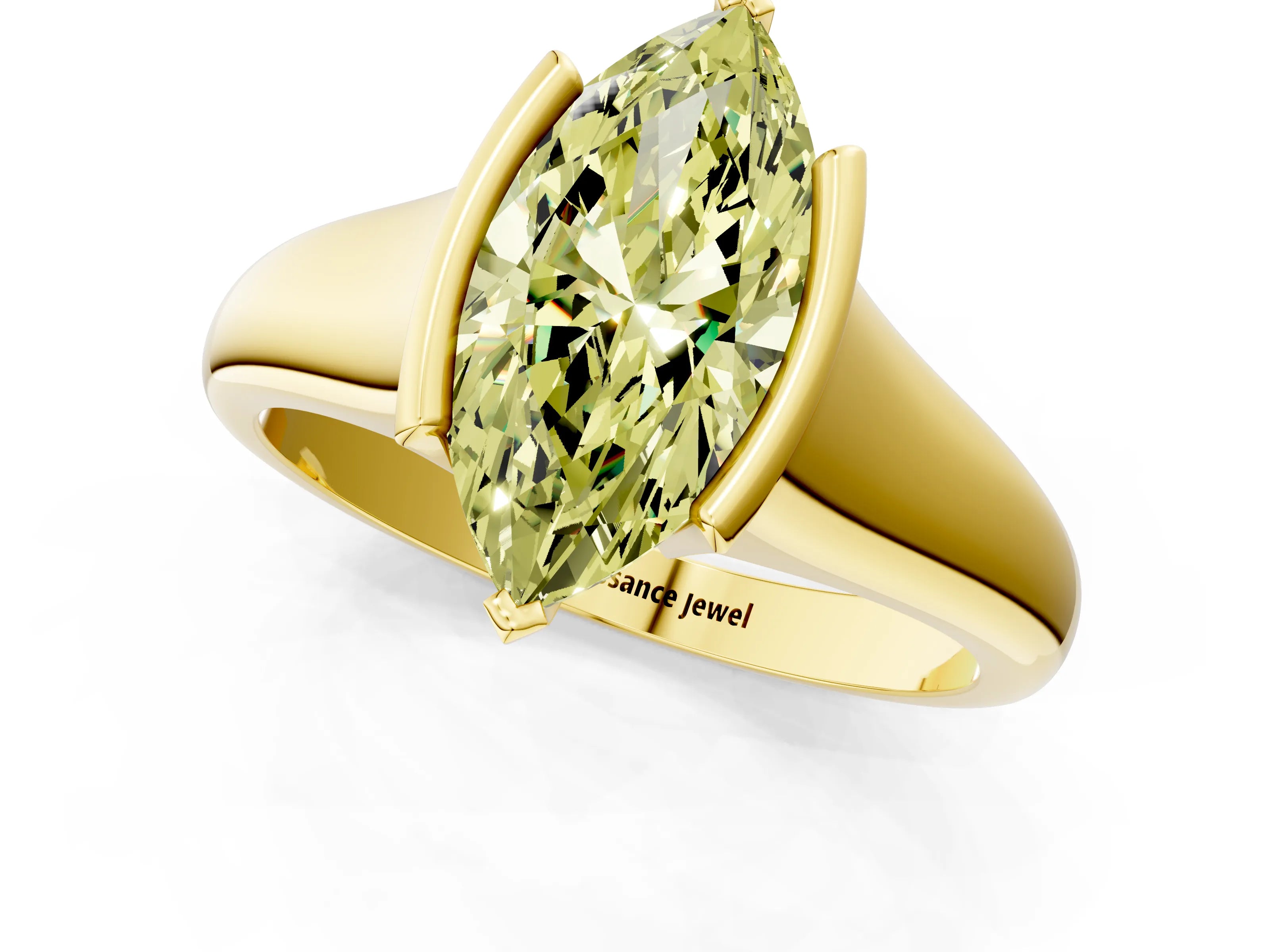 Yellow gold Fancy Yellow Marquise Cut Solitaire Tension Set Diamond Ring with Split Shank Band_1