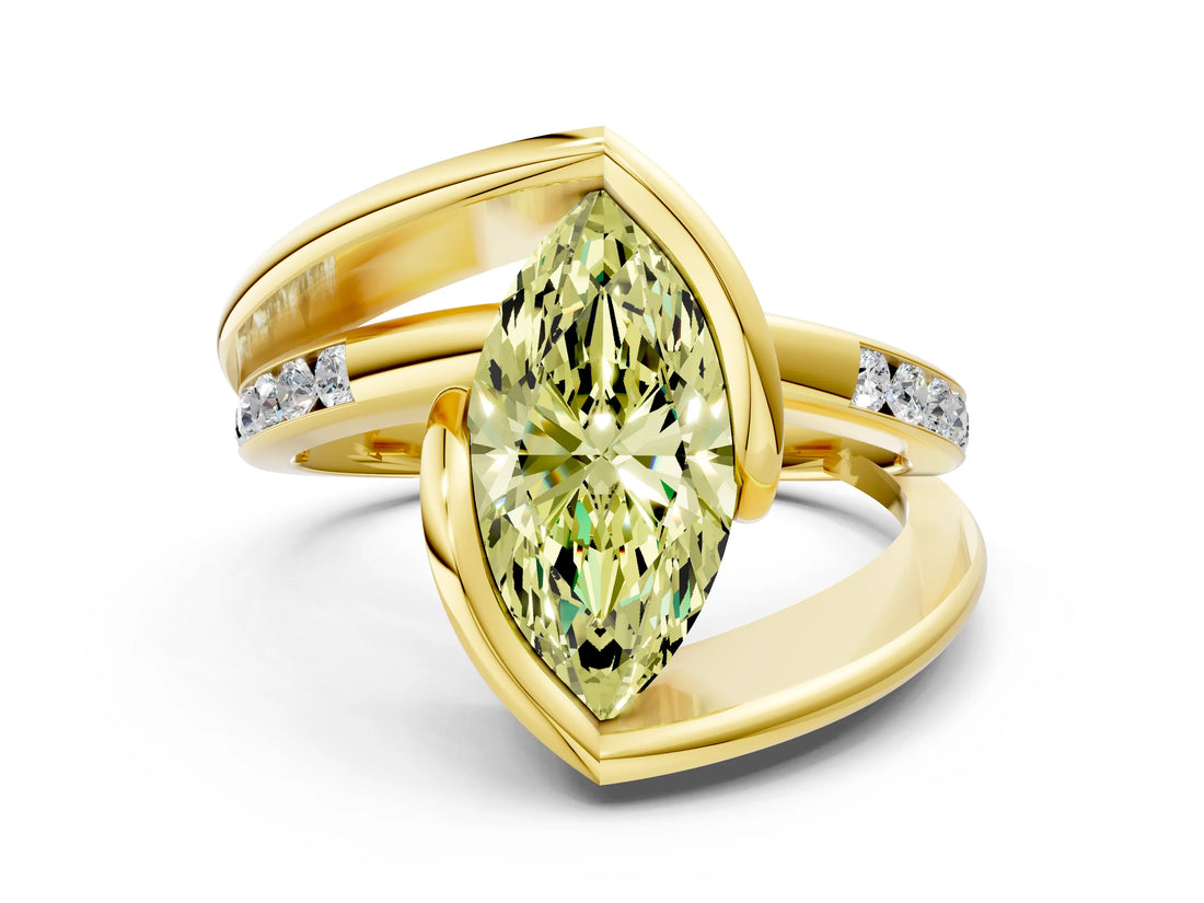 Yellow gold Fancy Yellow Marquise Cut Solitaire Tension-Set Diamond Split Shank Ring