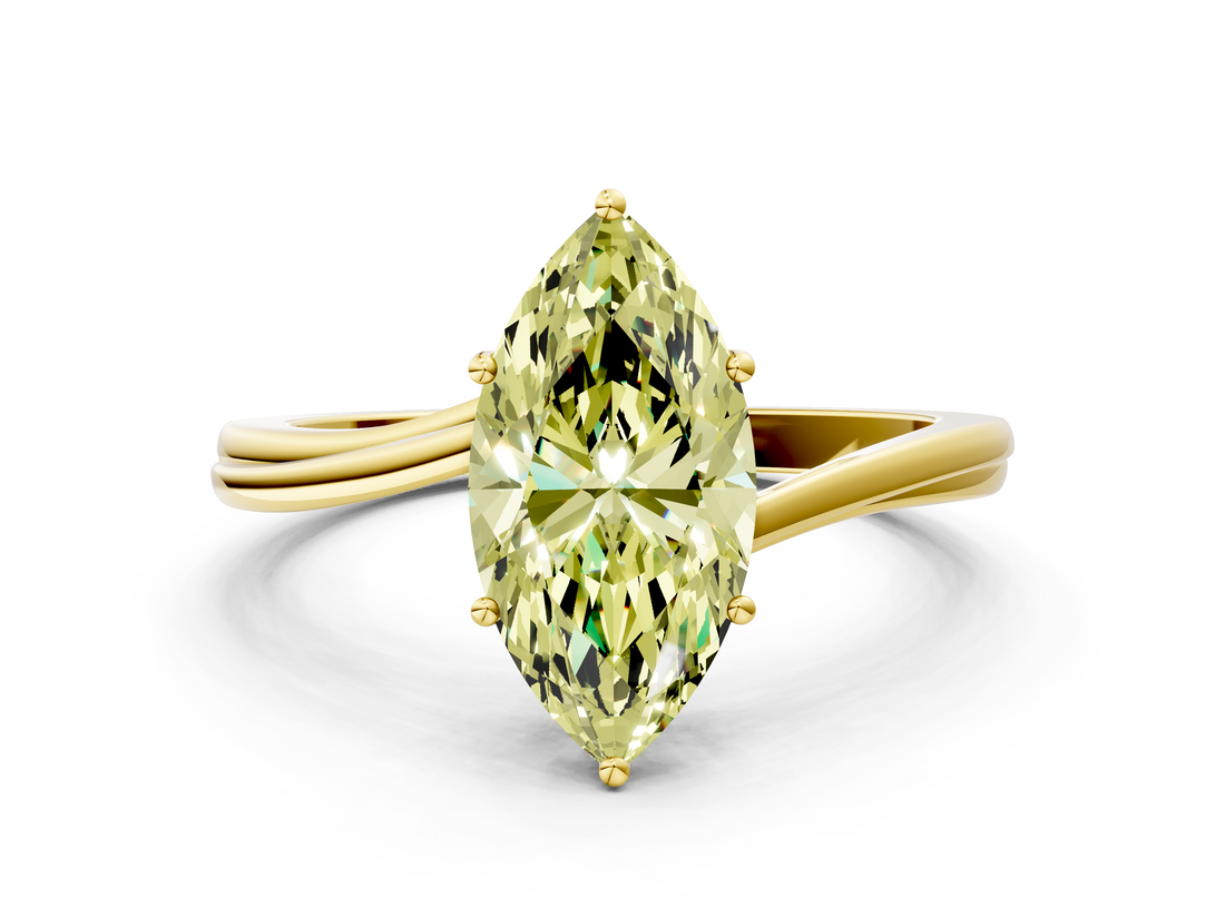 Yellow gold Fancy Yellow Marquise  Cut Solitaire Twist Band Ring with Four-Prong Setting