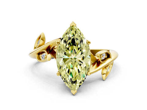 Yellow gold Fancy Yellow Marquise Cut Solitaire Twist Engagement Ring with Leaf Accents and Prong Setting_12
