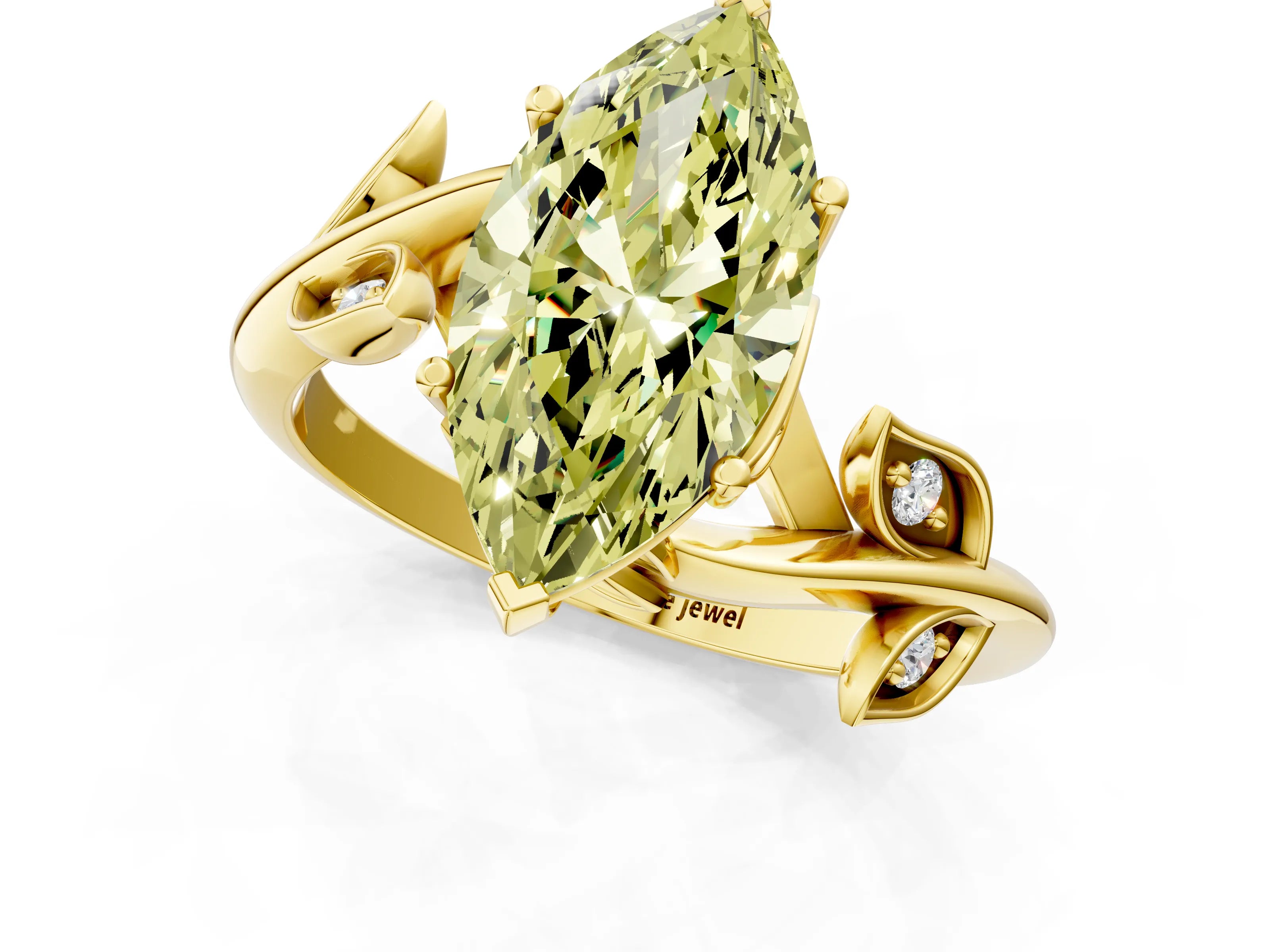 Yellow gold Fancy Yellow Marquise Cut Solitaire Twist Engagement Ring with Leaf Accents and Prong Setting_13