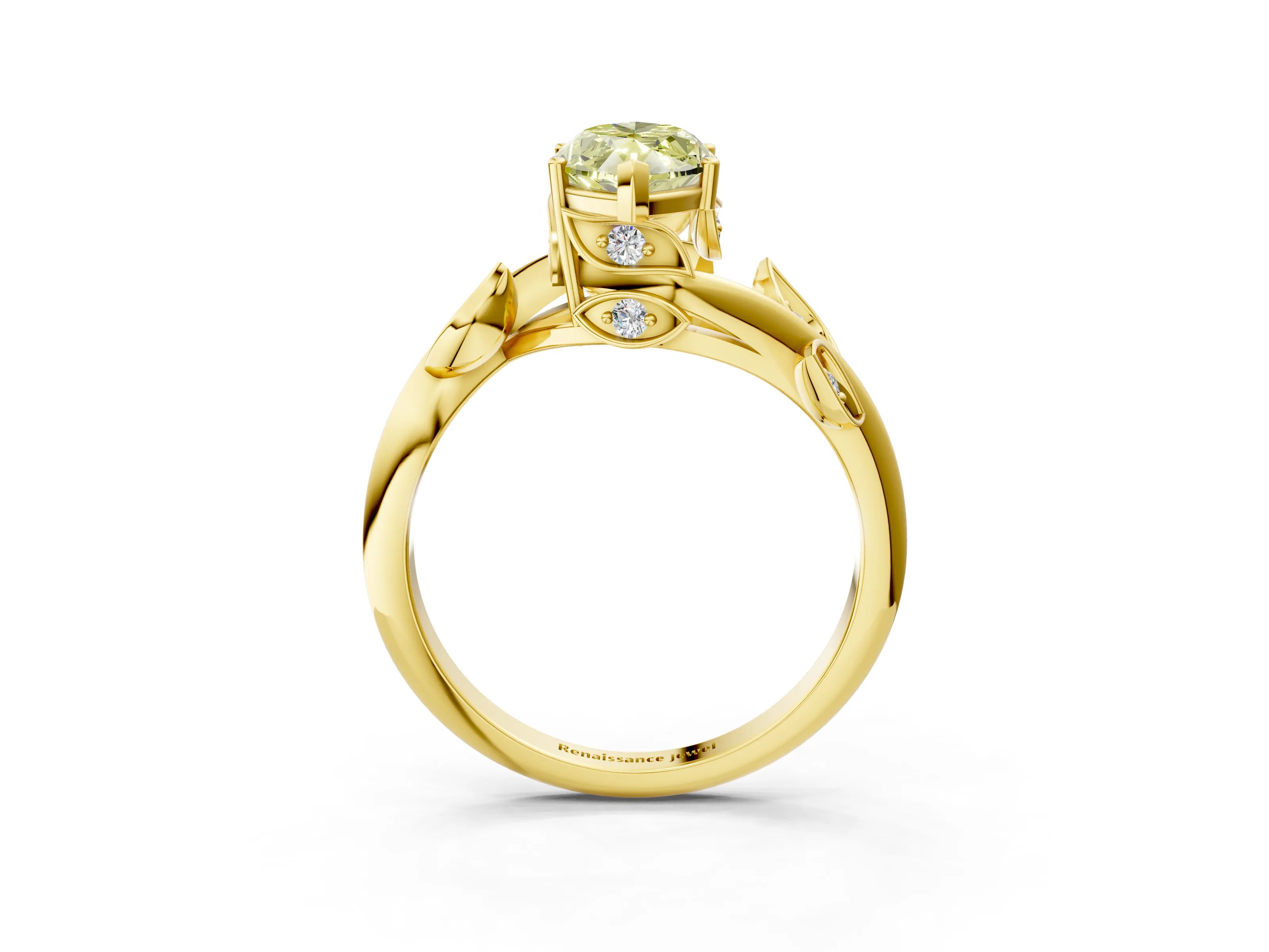 Yellow gold Fancy Yellow Marquise Cut Solitaire Twist Engagement Ring with Leaf Accents and Prong Setting_15
