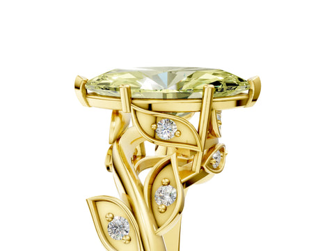Yellow gold Fancy Yellow Marquise Cut Solitaire Twist Engagement Ring with Leaf Accents and Prong Setting_17