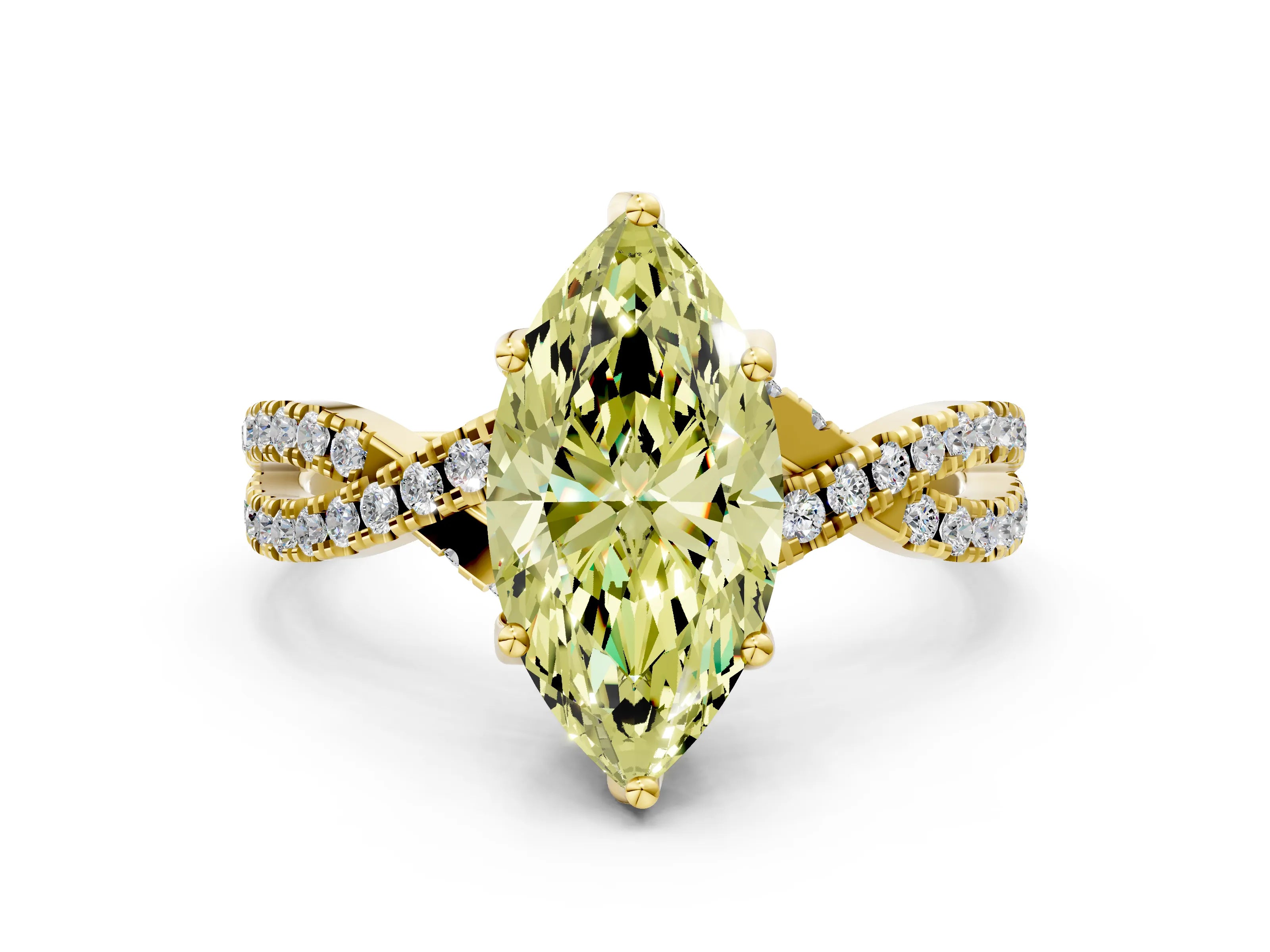 Yellow gold Fancy Yellow Marquise Cut Solitaire Twist Pave Diamond Engagement Ring with Prong Setting