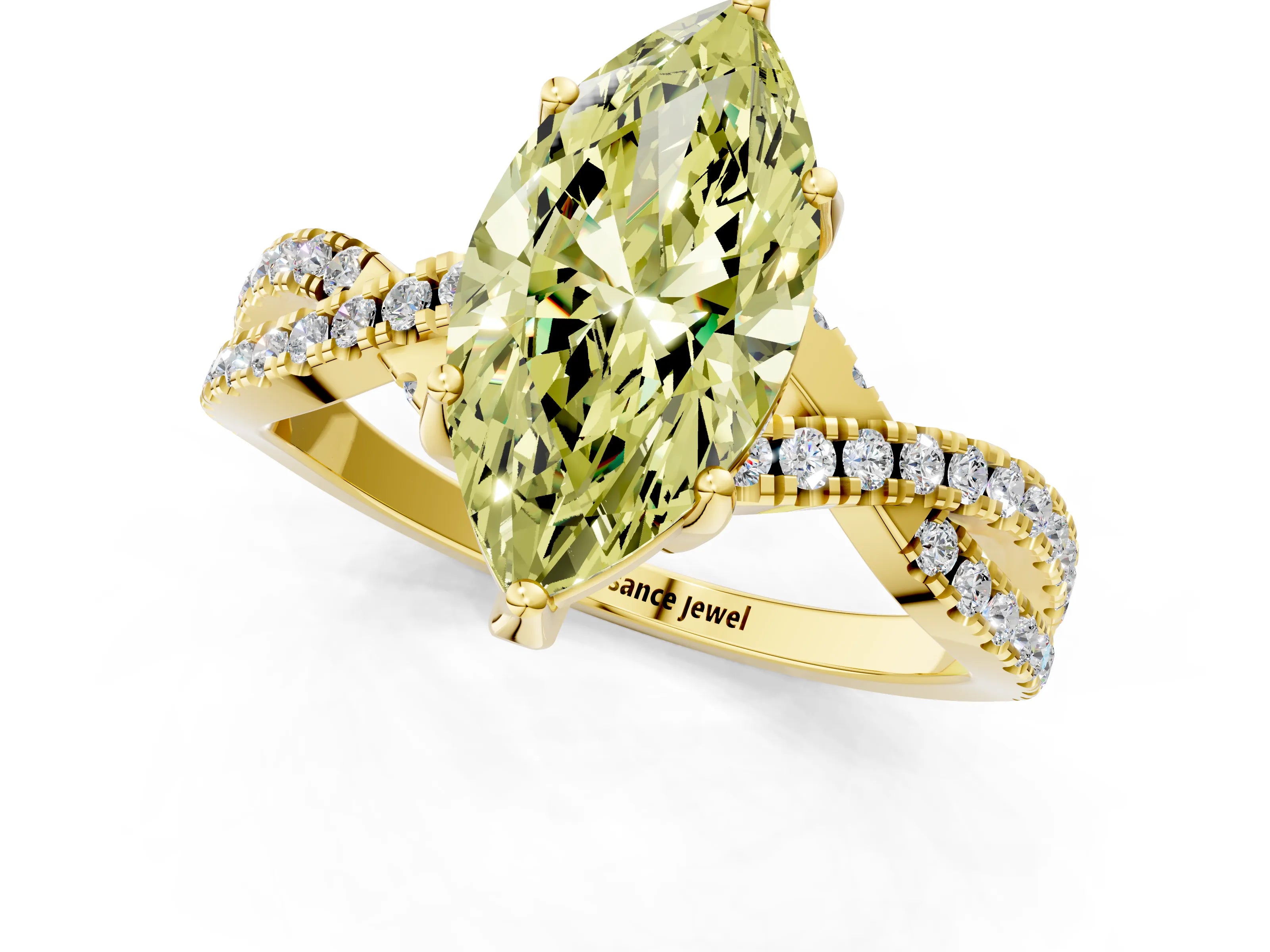 Yellow gold Fancy Yellow Marquise Cut Solitaire Twist Pave Diamond Engagement Ring with Prong Setting_1