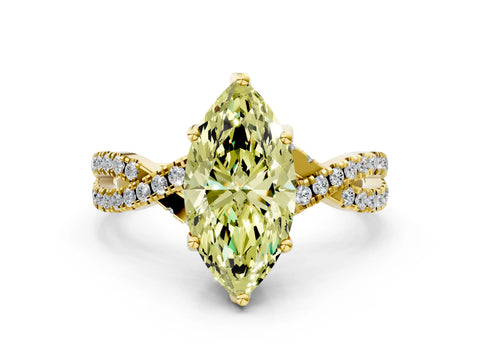 Yellow gold Fancy Yellow Marquise Cut Solitaire Twist Pave Diamond Engagement Ring with Prong Setting