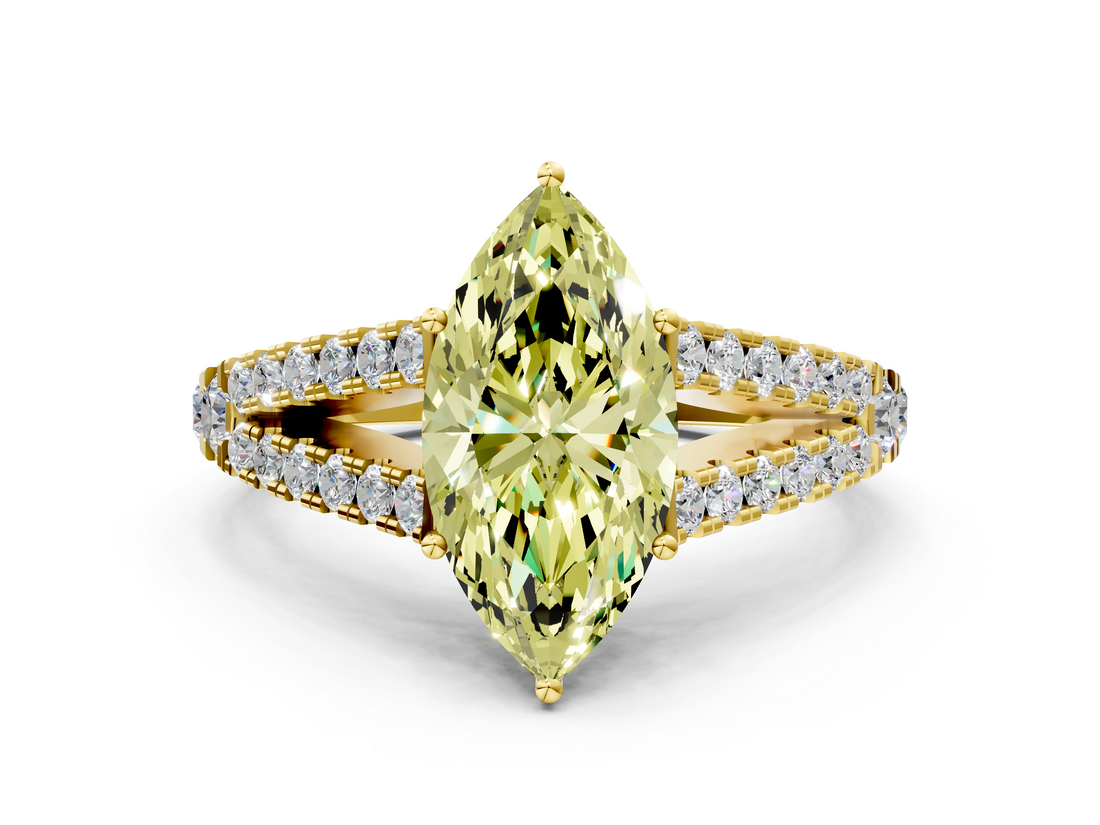 Yellow gold Fancy Yellow Marquise  Cut Split Shank Pave Diamond Engagement Ring with Four-Prong Setting
