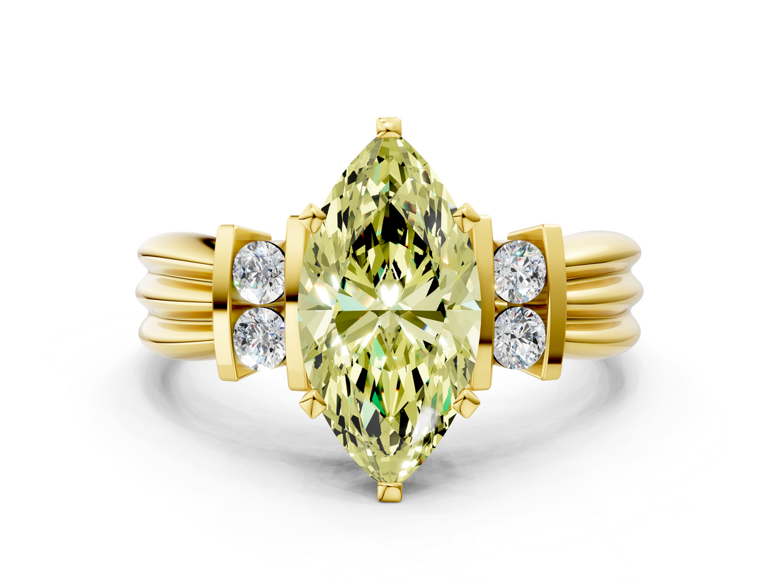 Yellow gold Fancy Yellow Marquise  Cut Three-Stone Channel Set Ring with Bar Prongs