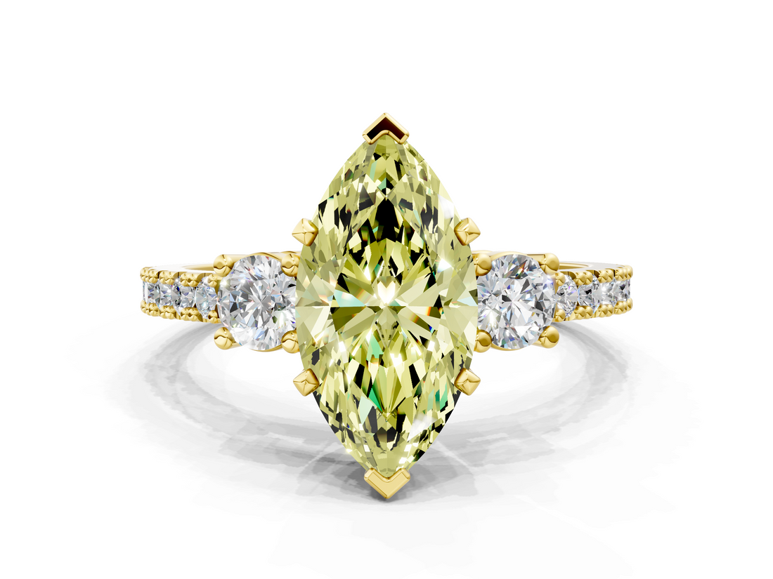 Yellow gold Fancy Yellow Marquise  Cut Three-Stone Diamond Pavé Band with Prong Setting